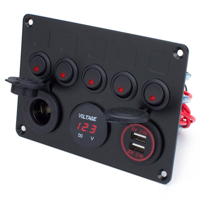 Multi-Function 5 Gang Rocker Switch Panel with Dual USB Charger