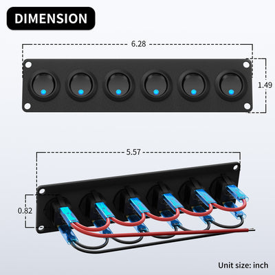 12VDC 20A SPST ON OFF 6 Gang Round Rocker Switch Panel with Dot LED - DAIER