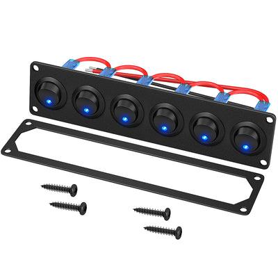 12VDC 20A SPST ON OFF 6 Gang Round Rocker Switch Panel with Dot LED - DAIER