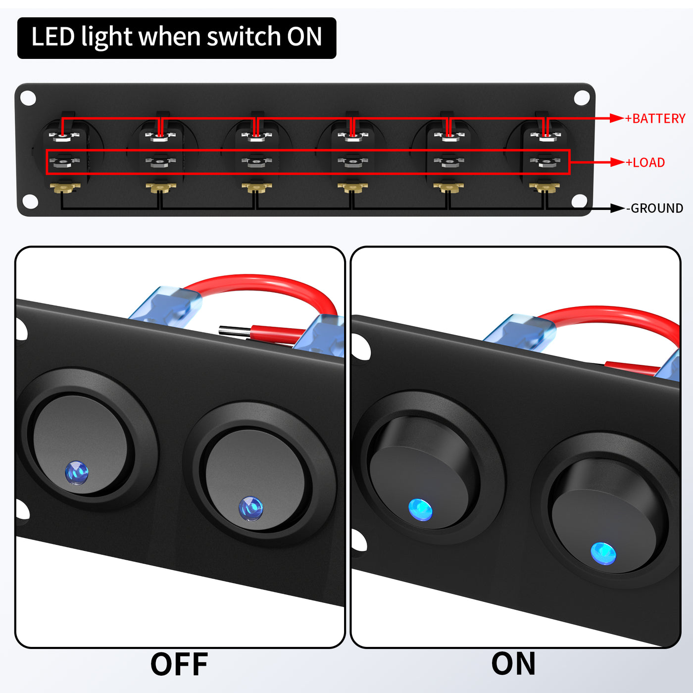 12VDC 20A SPST ON OFF 6 Gang Round Rocker Switch Panel with Dot LED - DAIER