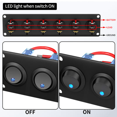 12VDC 20A SPST ON OFF 6 Gang Round Rocker Switch Panel with Dot LED - DAIER