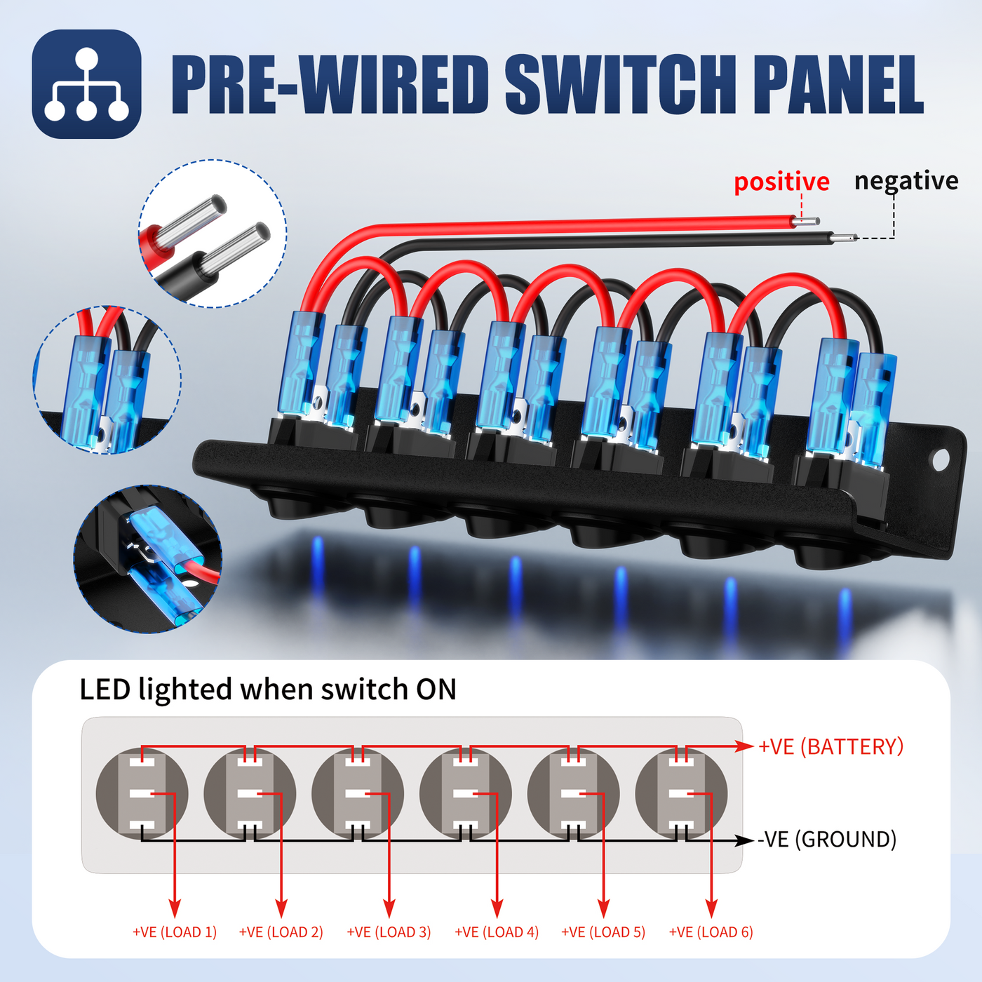 20A 12V Prewired 6 Gang Round Rocker Switch Panel with Dot LED - DAIER