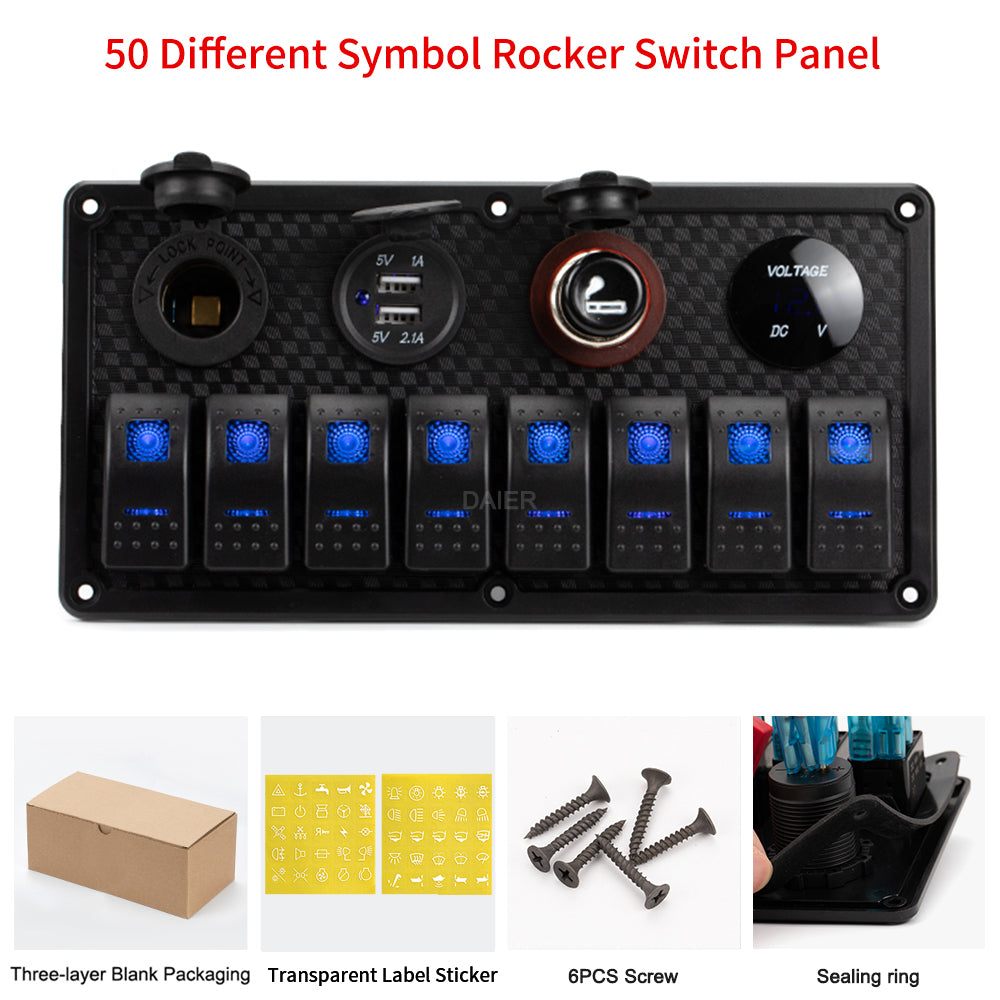 12-24V Pre-Wired 8 Gang Marine Rocker Switch Panel
