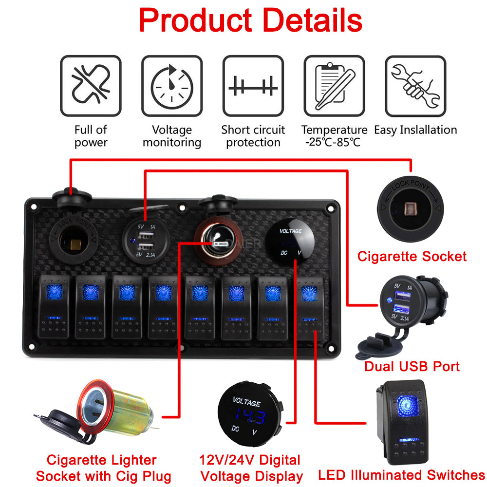 12-24V Pre-Wired 8 Gang Marine Rocker Switch Panel - DAIER