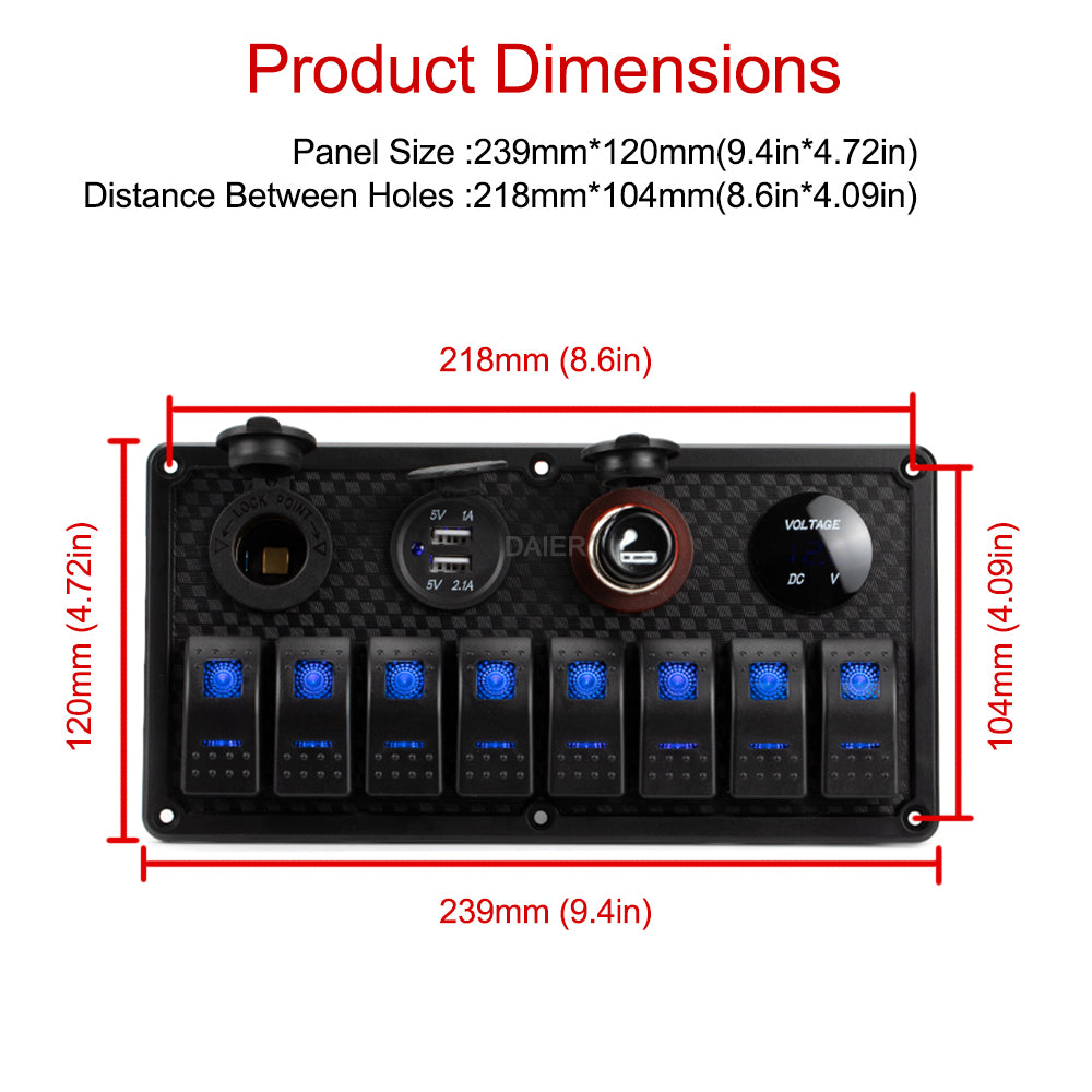 12-24V Pre-Wired 8 Gang Marine Rocker Switch Panel - DAIER