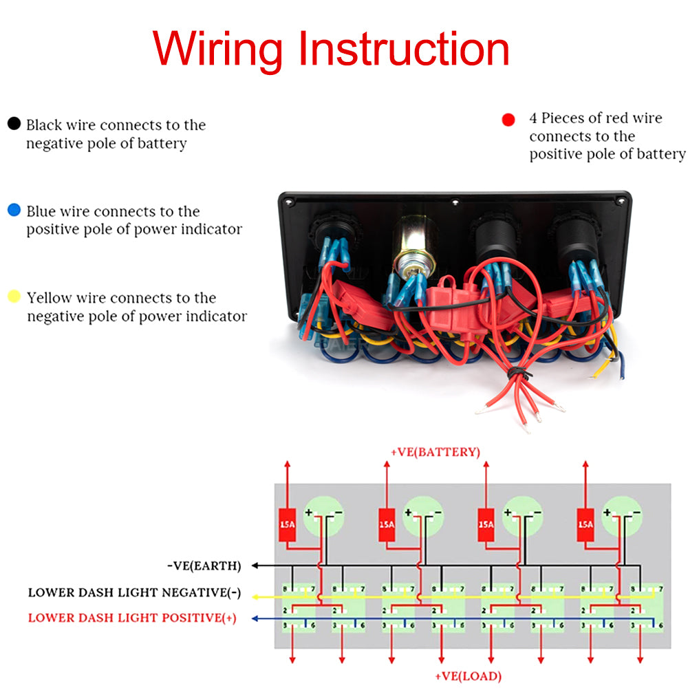 12-24V Pre-Wired 8 Gang Marine Rocker Switch Panel - DAIER