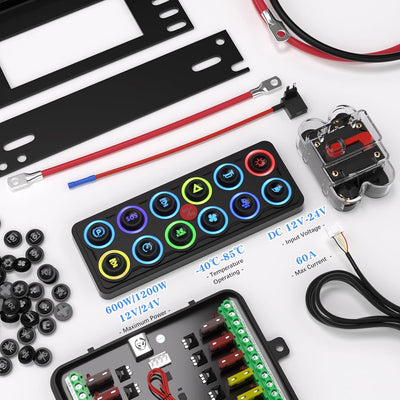 Multi-Color Backlight 12 Gang Switch Panel Relay System for Truck, Jeep, UTV, Boat