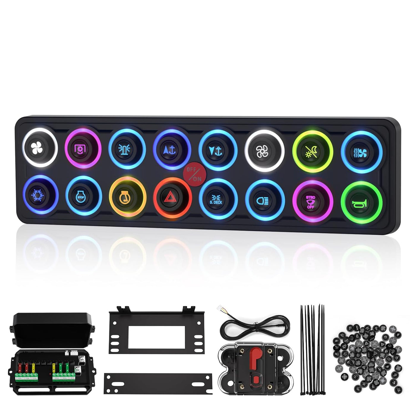 16 Gang Switch Panel Relay System Kit with Reusable Icons for Off-Road, Marine