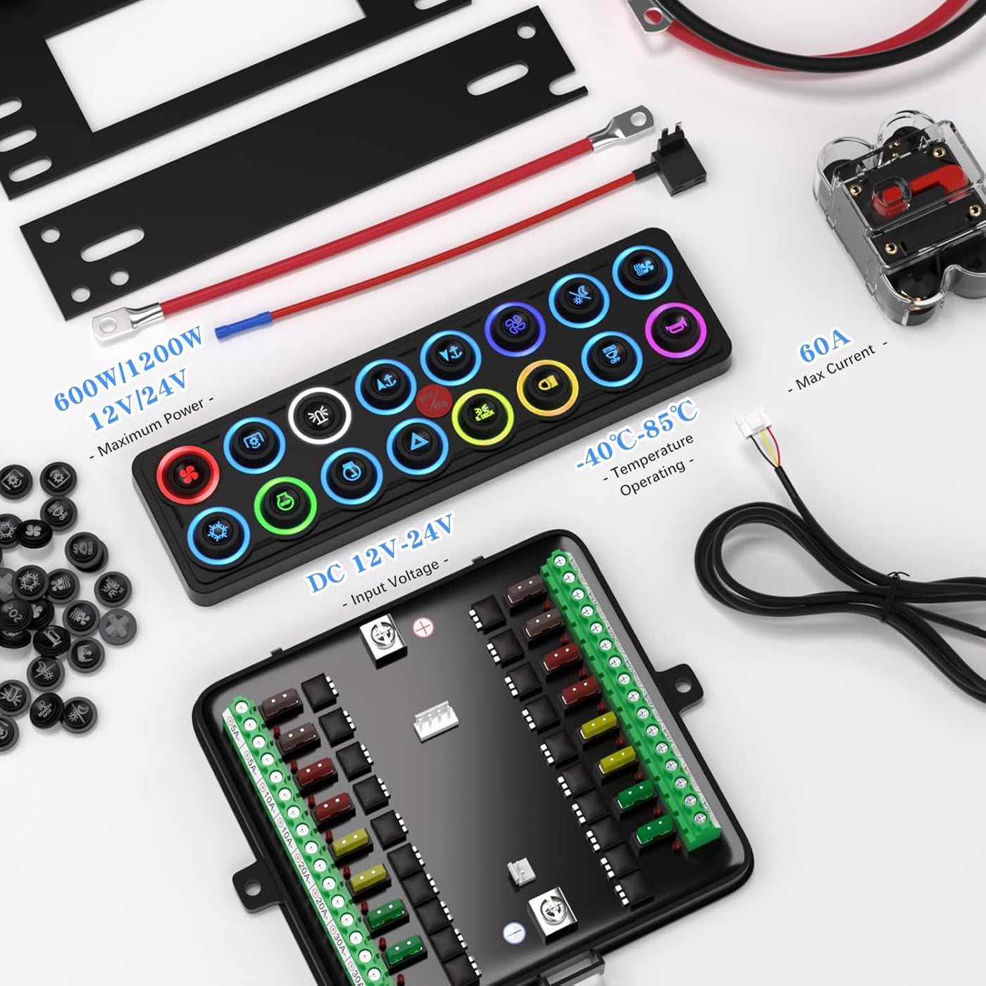 16 Gang Switch Panel Relay System Kit with Reusable Icons for Off-Road, Marine