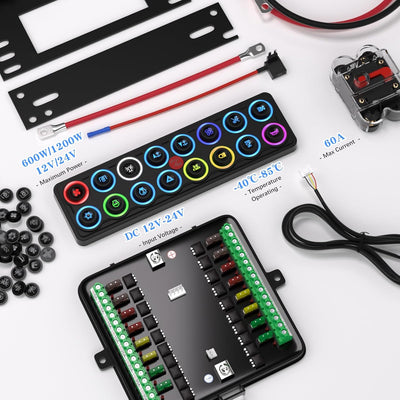 16 Gang Switch Panel Relay System Kit with Reusable Icons for Off-Road, Marine