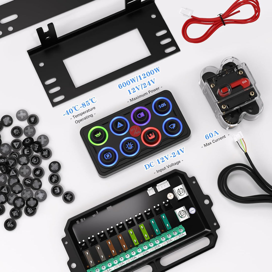 Multi-Color 8 Gang Switch Panel System with Relay Box 12V/24V