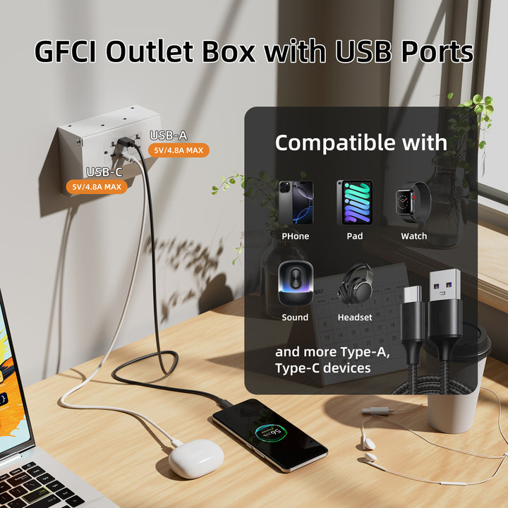 20 Amp GFCI Outlet With 2 USB Ports – USB-C & USB-A, Screwless Wall Plate, White, For Kitchen & Bathroom Charging