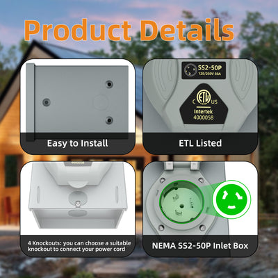 50A Power Inlet Box for 3 Prong NEMA SS2-50P 125/250Volt 12500 Watts w/ ETL Listed