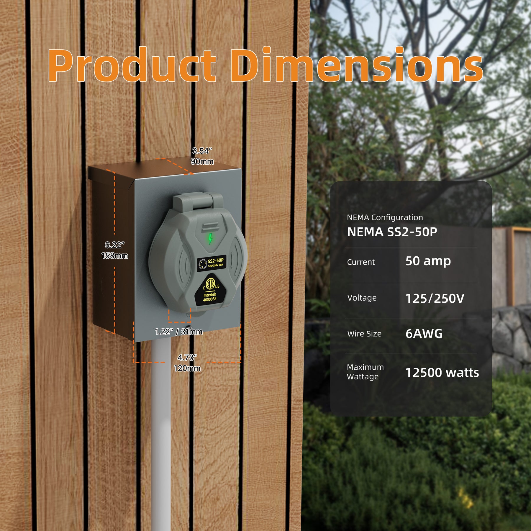 50A Power Inlet Box for 3 Prong NEMA SS2-50P 125/250Volt 12500 Watts w ...