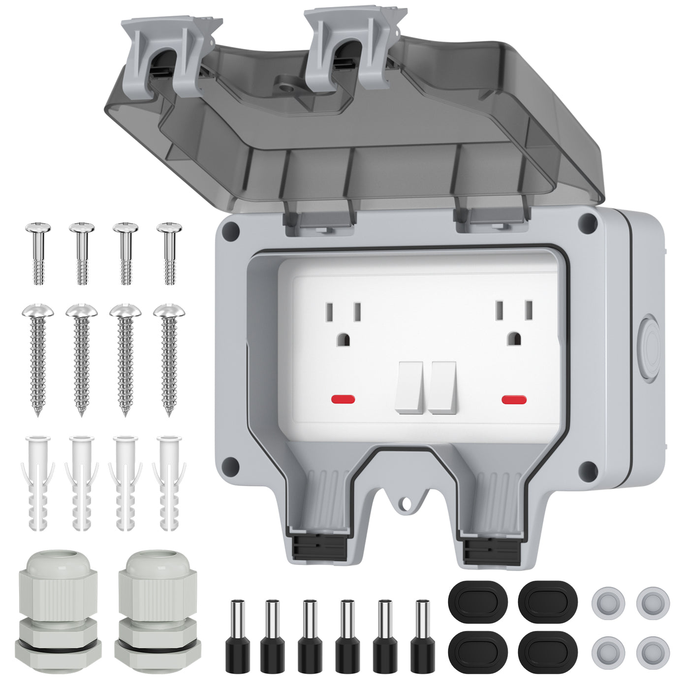 15A 110-250V IP66 2 Gang Outdoor Outlet Box with Power Switch and LED Indicator