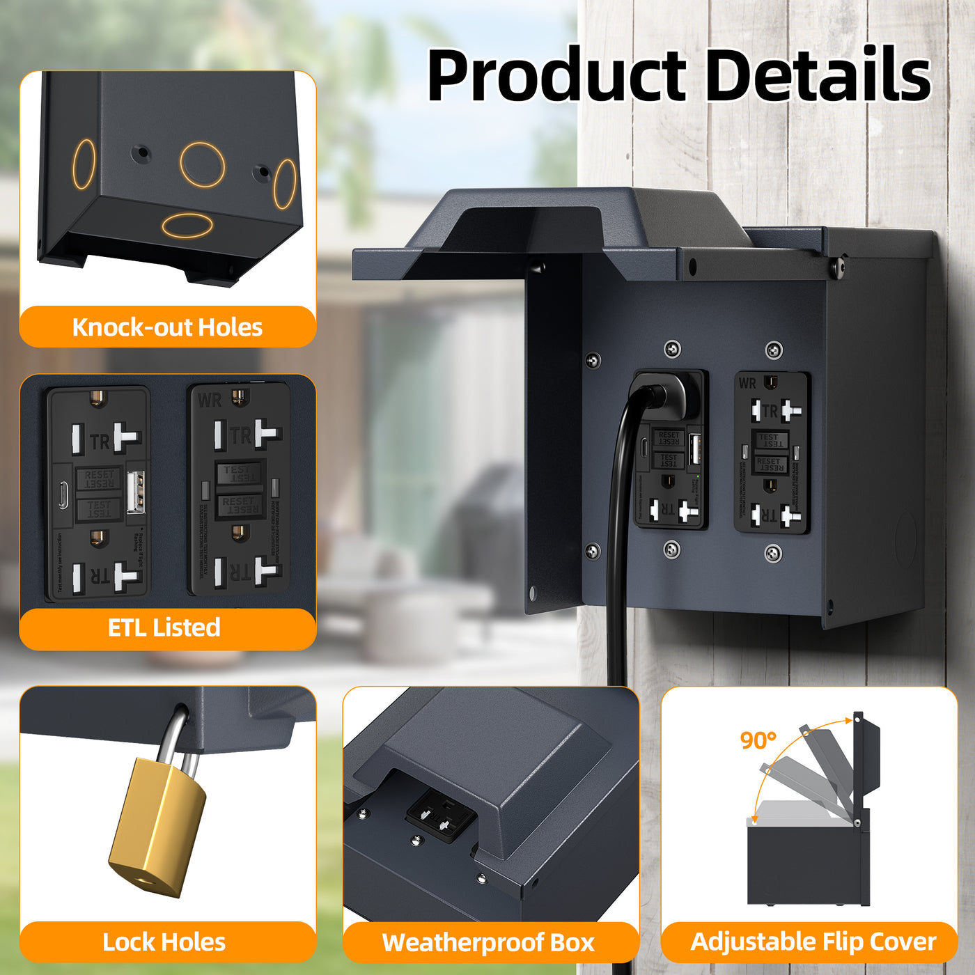 Dual 20 Amp RV Power Outlet Box WRTR GFCI Receptacle with USB-C/A Tamper-Resistant Lockable Cover