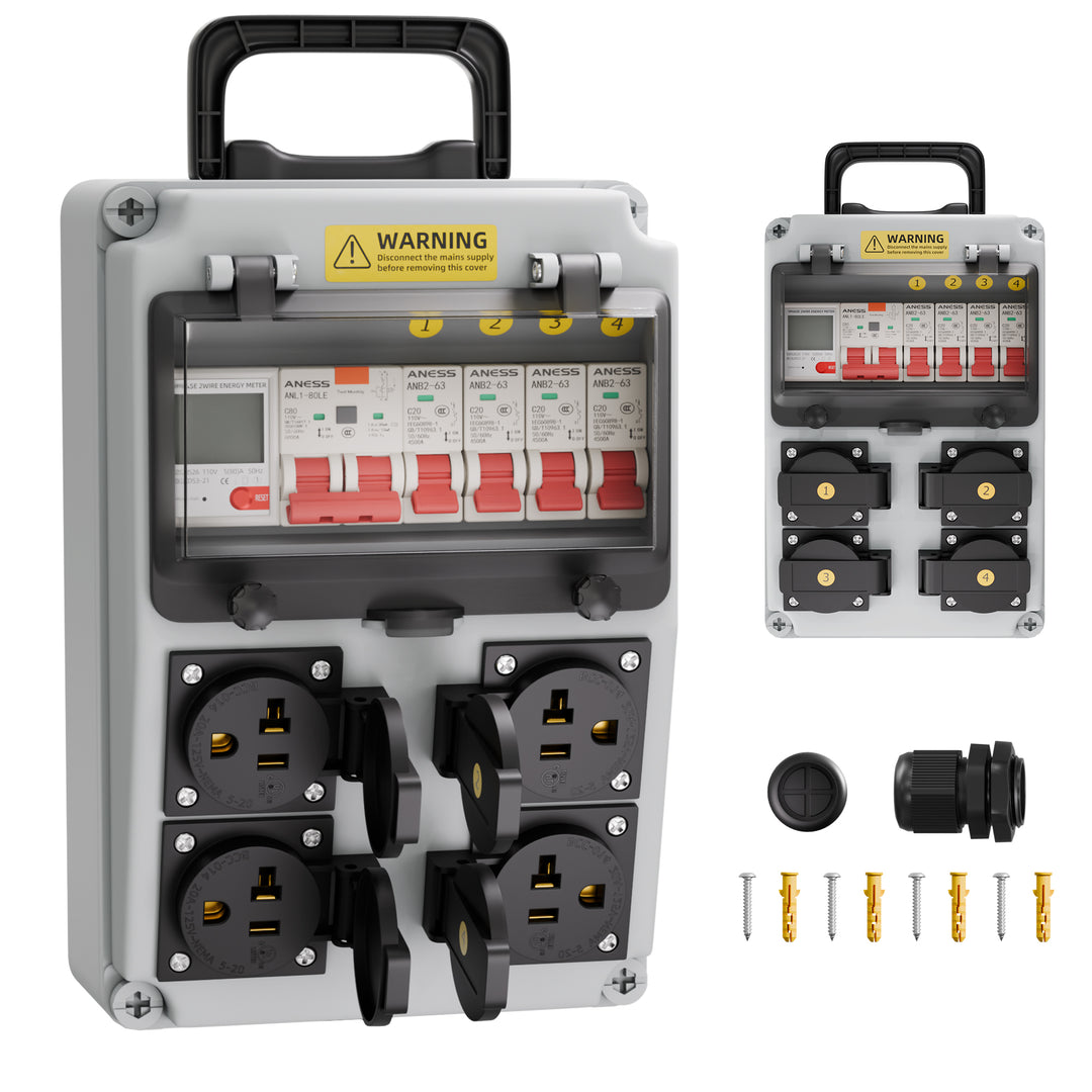 Portable 4-Outlet Power Distribution Box with Energy Meter