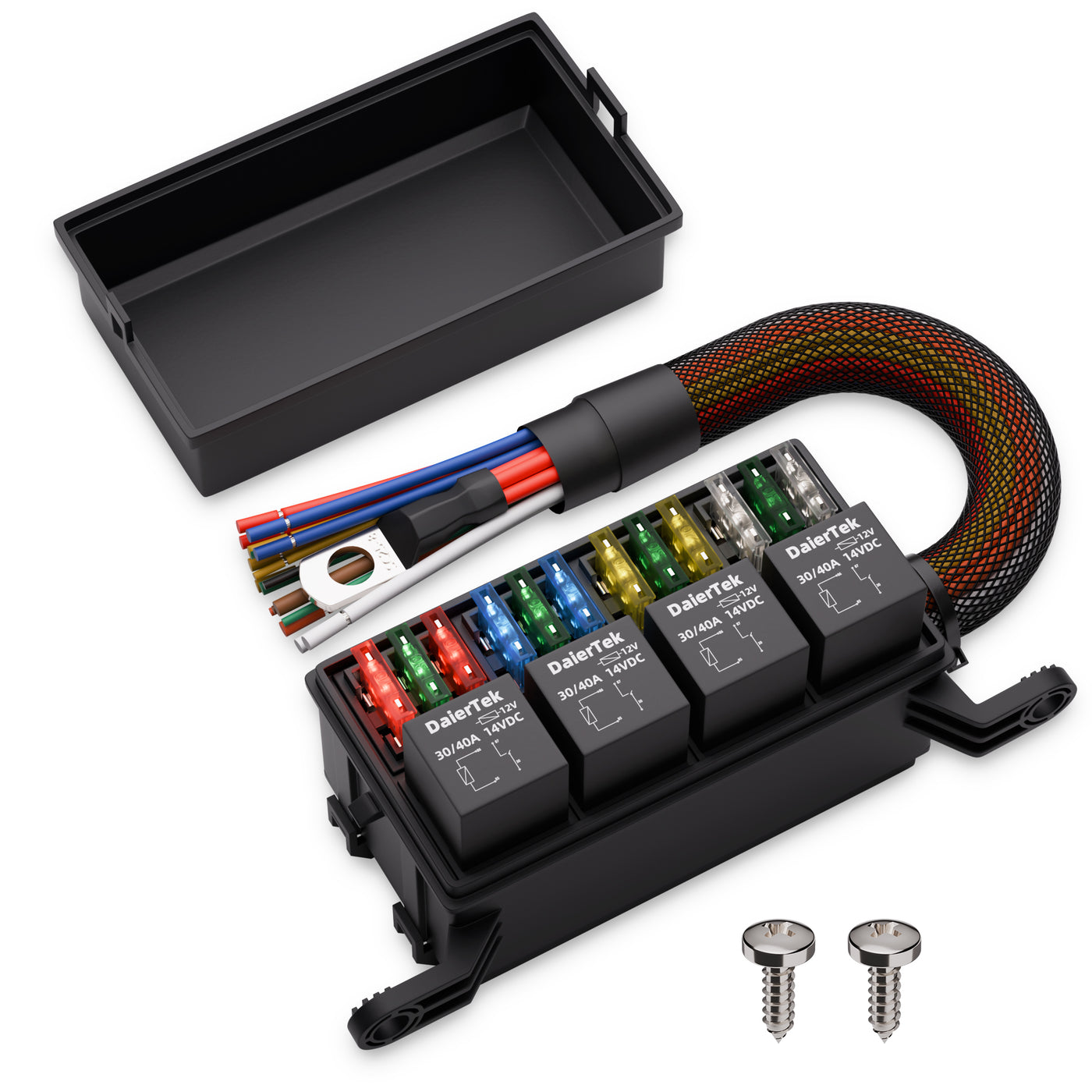 Automotive Pre-Wired Fuse and Relay Box | 12 Slot ATO/ATC Fuse Block & 4-Way Relay