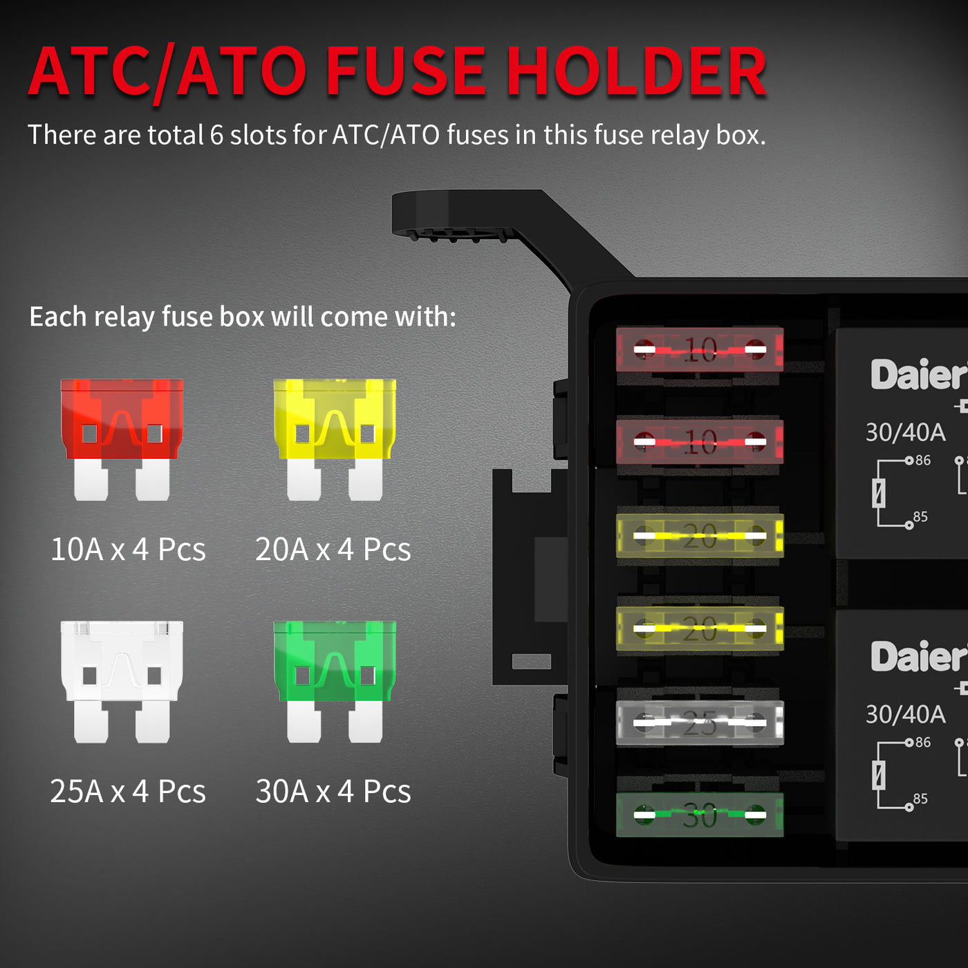 12V Auto 6 Way Fuse and Relay Box with ATC/ATO Fuses and Relays