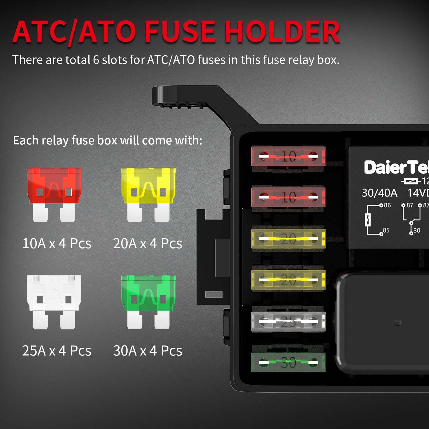 12V Auto 6 Way Fuse and Relay Box with ATC/ATO Fuses and Relays DAIER