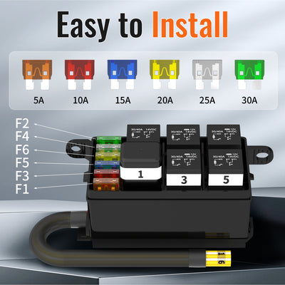 Universal Automotive 12V 6-Way Pre-wired Fuse and Relay Box