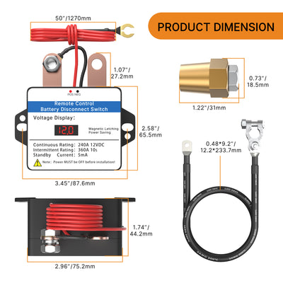 RL-240A-RC-Kit 240A 12VDC Remote Control Battery Disconnect Switch Kit Dimension