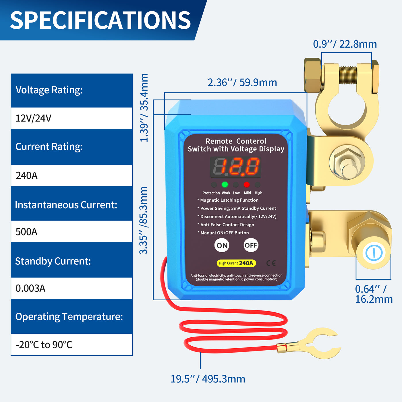12V/24V 240A ON-OFF Remote Control Battery Switch with LED Voltage Dis ...