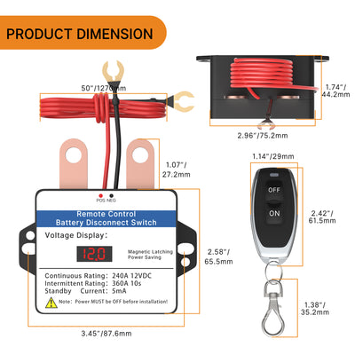 RL-240A-RC 240A 12VDC Remote Control Battery Disconnect Switch with LED Digital DisplayDimension
