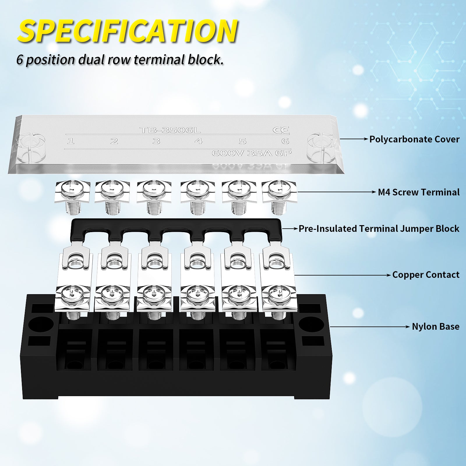 2 Sets 35A 600V Dual Row 6 Position M4 Screw Terminal Block – DAIER