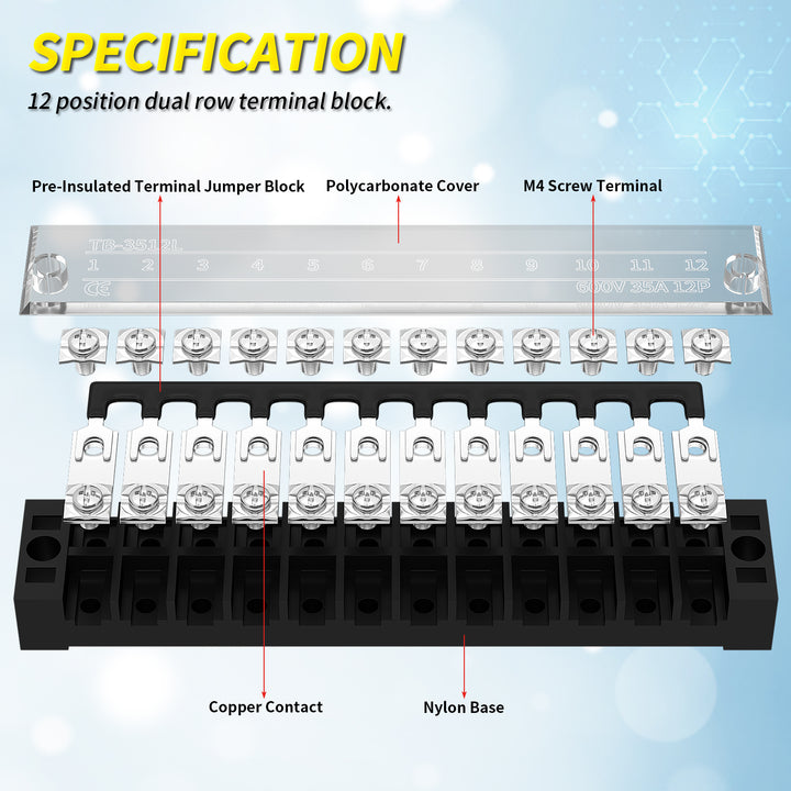 2 Sets 35A 600V Dual Row 12 Position Terminal Jumper Block with