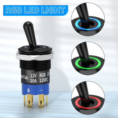16mm 20A 12V LED Toggle Switch Metal RGB 6 Pin Pre-Wired SPST ON OFF