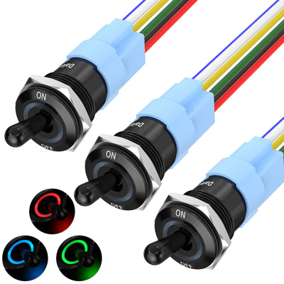 16mm 20A 12V LED Toggle Switch Metal RGB 6 Pin Pre-Wired SPST ON OFF