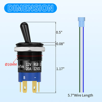 16mm 20A 12V LED Toggle Switch Metal RGB 6 Pin Pre-Wired SPST ON OFF