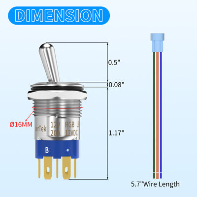 16mm 12V RGB ON ON 7 Pin Waterproof Lighted Toggle Switch