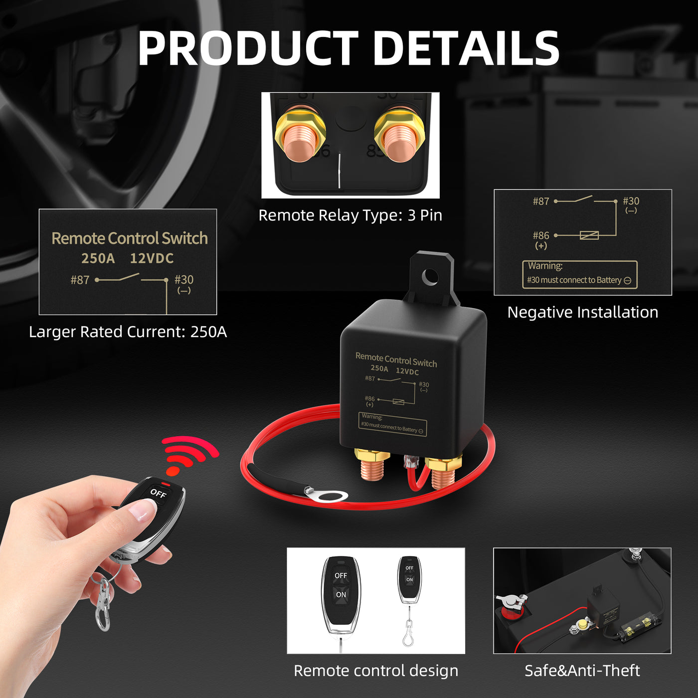 250A 12V Anti-Theft Remote Control Battery Disconnect Switch Kit - DAIER