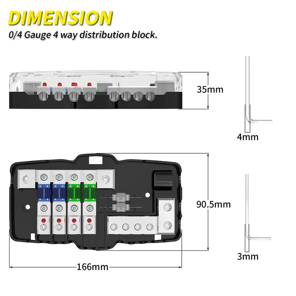 12V 4 Way Car Audio Distribution ANL Fuse Block with Ground dimension