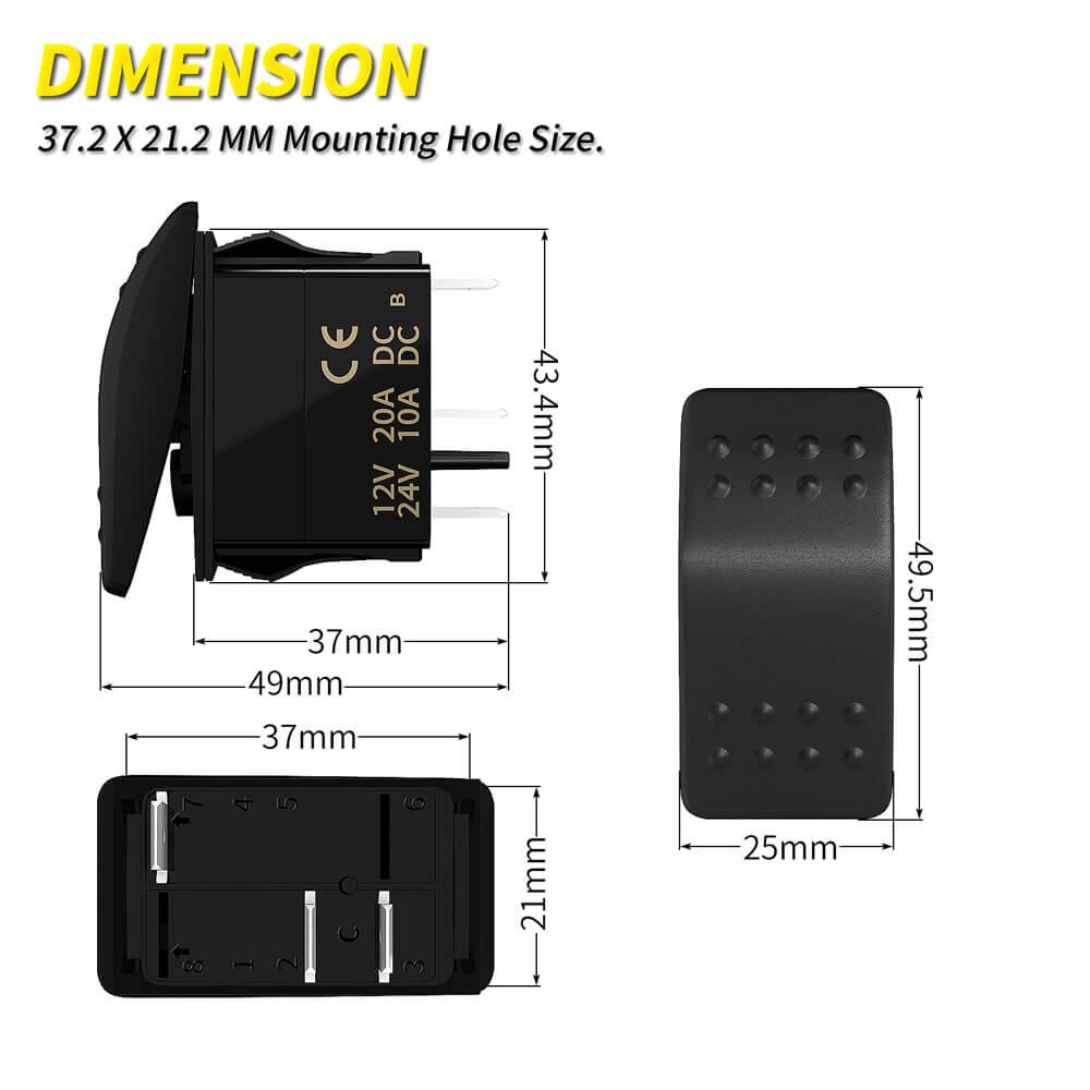 20A 12V RV Waterpoof SPST 2 PIN ON OFF Marine Rocker Switch dimension