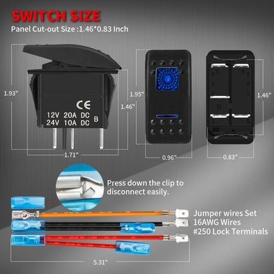 RV Boat 20A 12VDC Dual LED 5 Pin ON OFF Marine Rocker Switch size