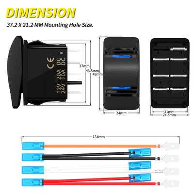 20A 12V 3 Way Dual LED 7 Pin Momentary DPDT Rocker Switch dimension