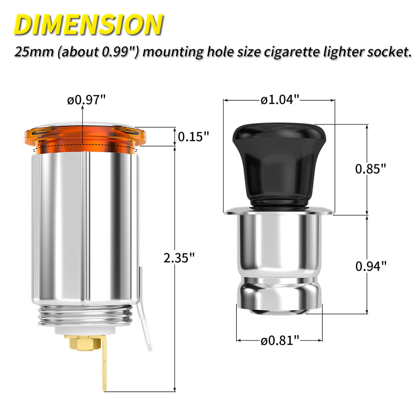 12V Auto Car Cigarette Lighter Socket With Eject Button Plug dimension