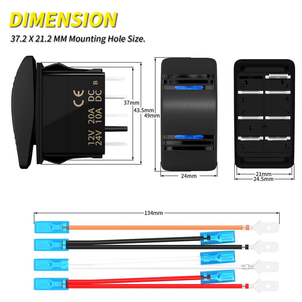 IP65 Marine Boat RV 20A 12V Dual LED ON OFF ON Rocker Switch dimension