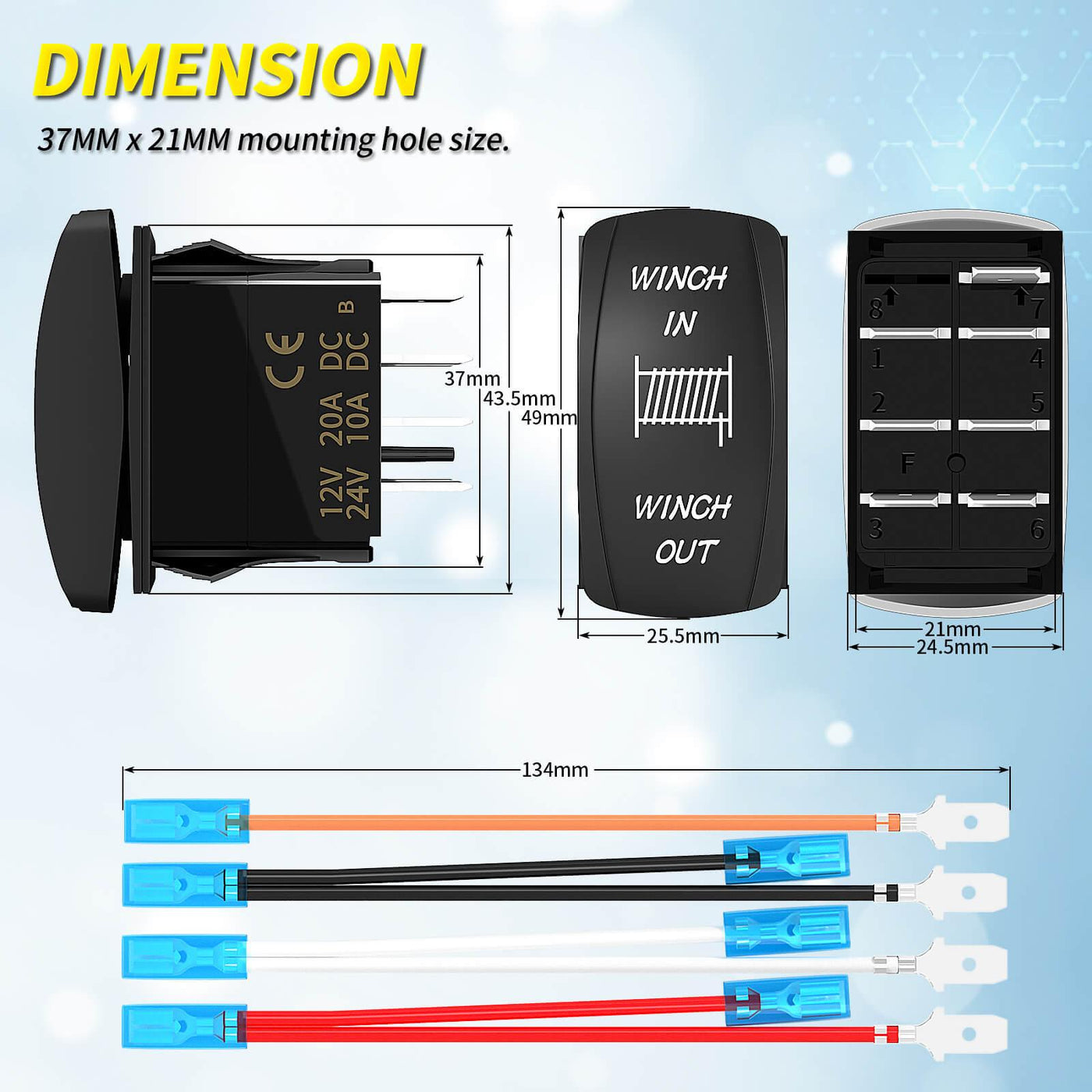 RV Waterproof DPDT Winch IN Winch Out 3 Way Rocker Switch dimension