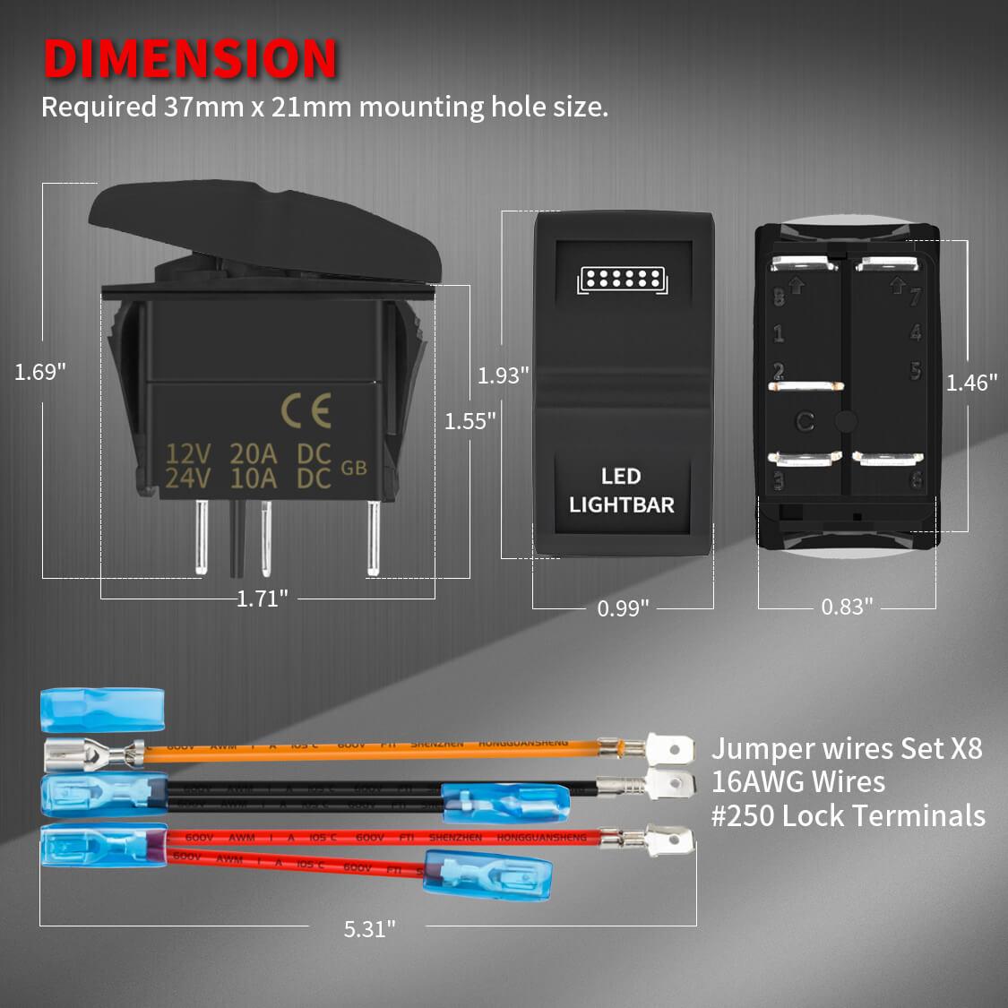 Car Marine Panel ON OFF 5 Pin 2 LED Waterproof Rocker Switch dimension