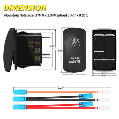 IP65 UTV 2 Way Dual LED Rock Lights Rocker Switches 12V 20A dimension