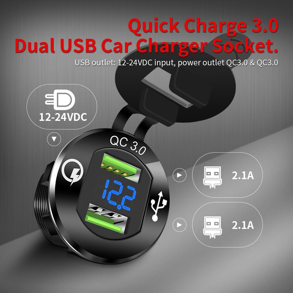 36W QC3.0 Dual Power Port 12V USB Charger With LED Voltmeter online price