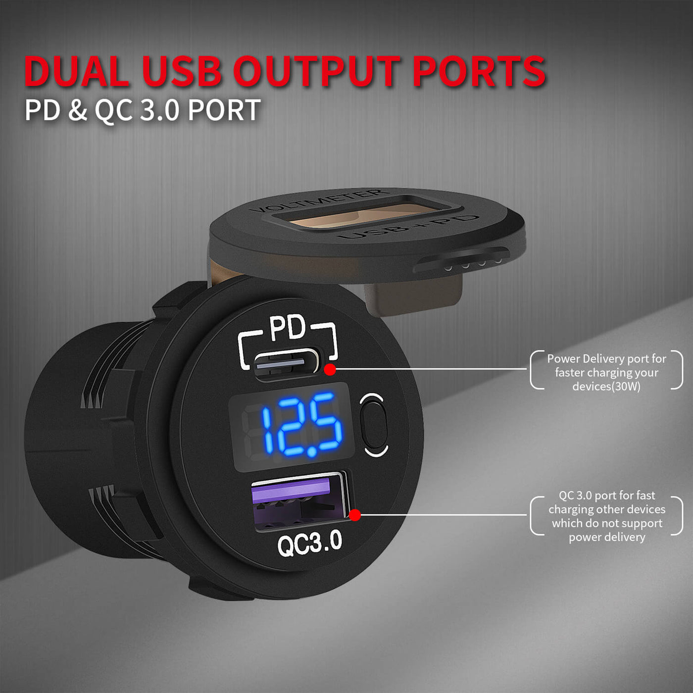 48W PD&QC3.0 Dual Outlet 12V Car Charger Socket With Switch USB output