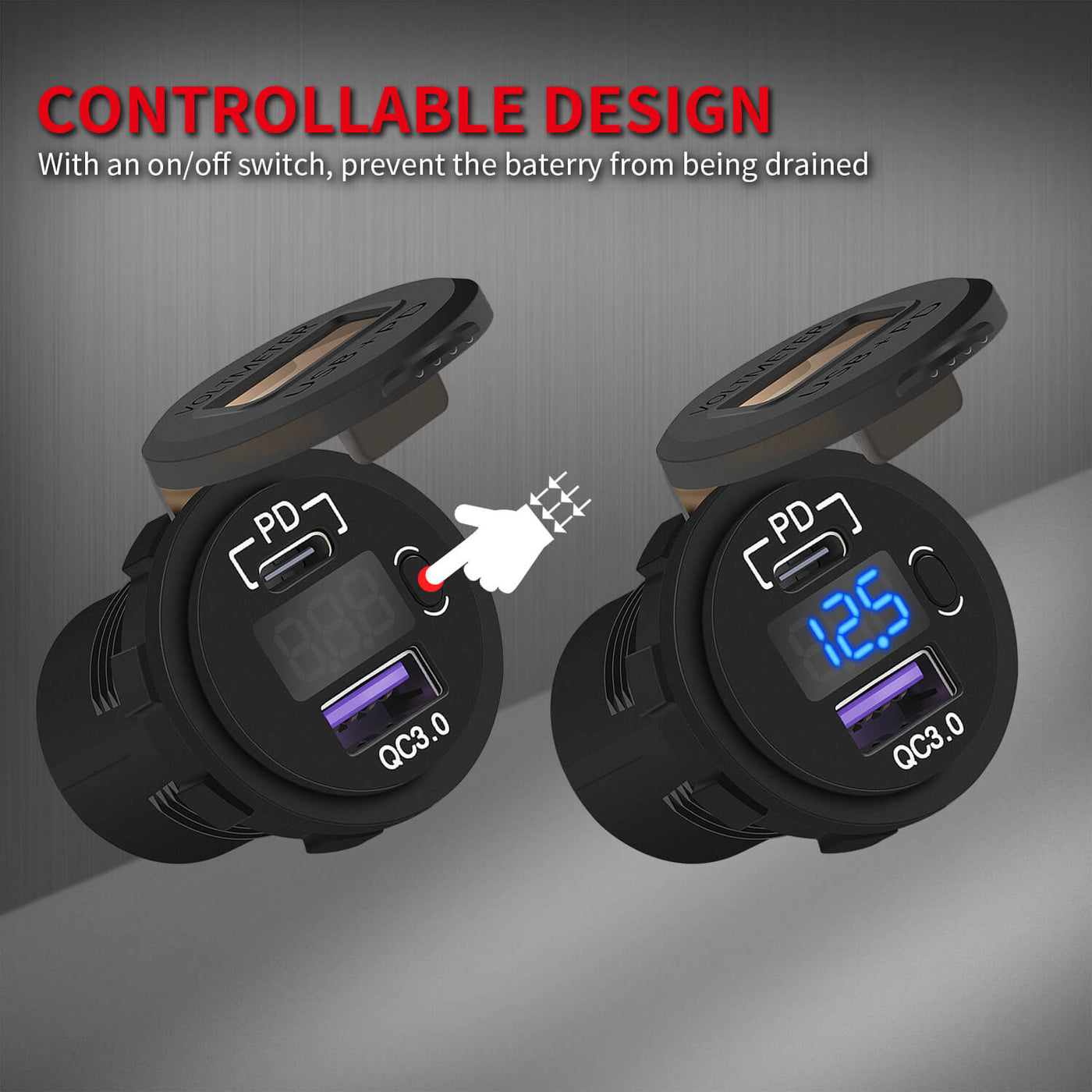 48W PD&QC3.0 Dual Outlet 12V Car Charger Socket With Switch controllable design