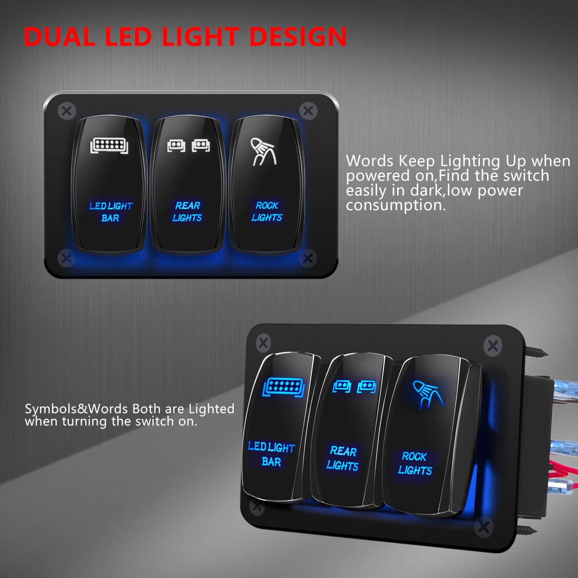 3 Gang Metal LED Light Bar Bright Lacquer 12V Switch Panel design