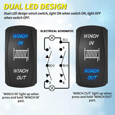 RV Waterproof DPDT Winch IN Winch Out 3 Way Rocker Switch design