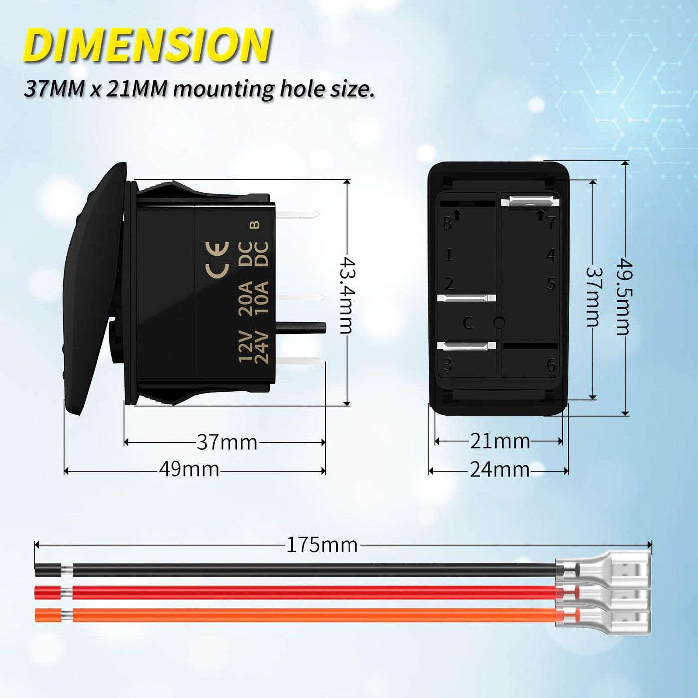 IP65 Marine Boat SPST 3 PIN 12V Lighted UTV Rocker Switch dimension